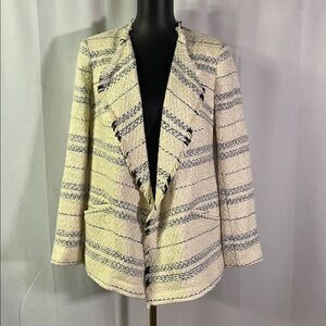 Express Cream & Navy Stripe Long Sleeve Open Front Tweed Jacket